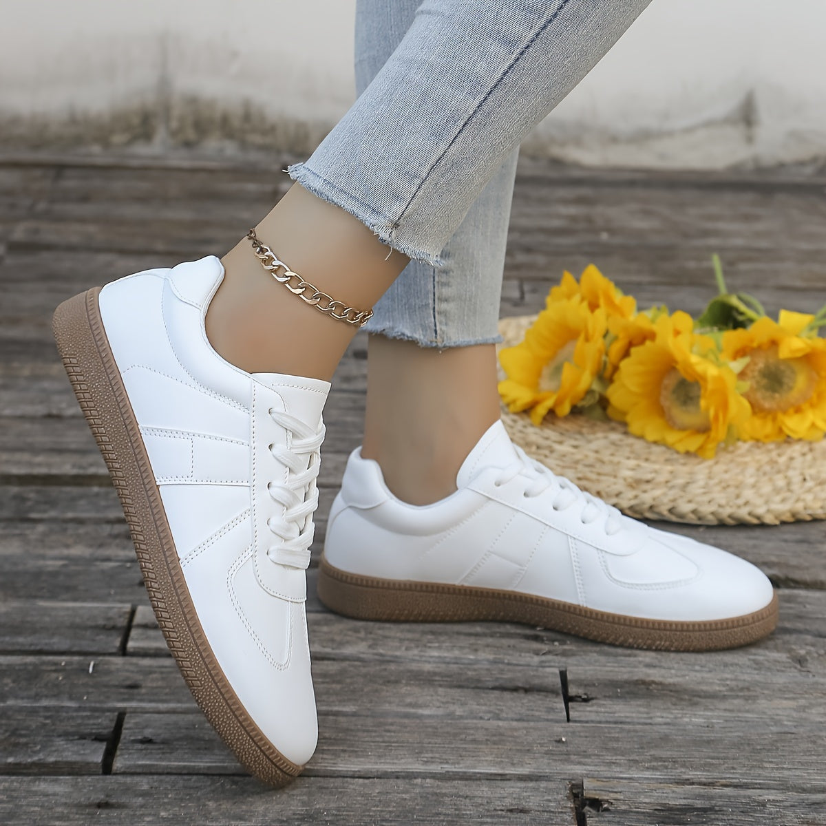 Women's White Casual Sneakers for All Seasons with Breathable PU Cover and Thick Sole