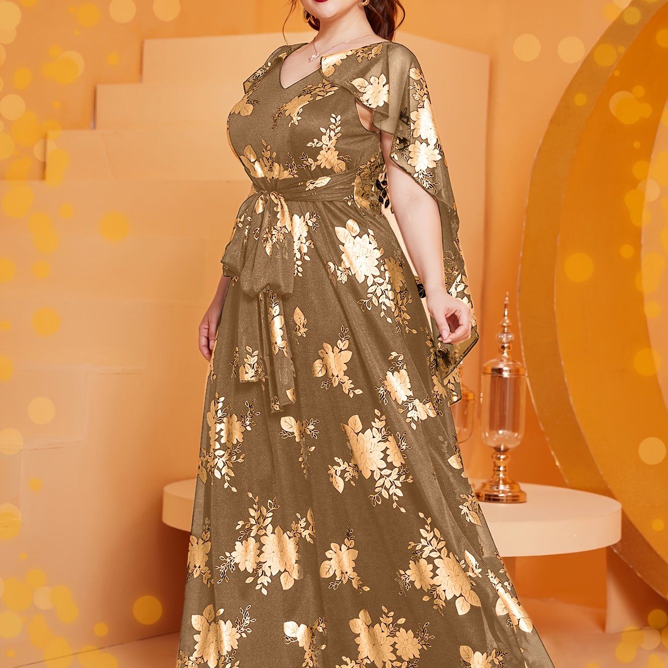 Plus Size Women's Maxi Dress V-Neck Floral Print Sleeveless Burgundy Golden All-Season Formal Evening