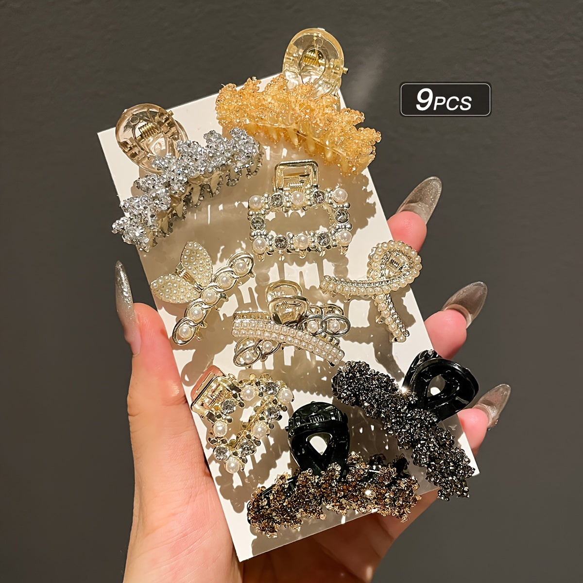 9pcs Women's Elegant Solid Color Alloy Hair Clips Small Rhinestone Accessories