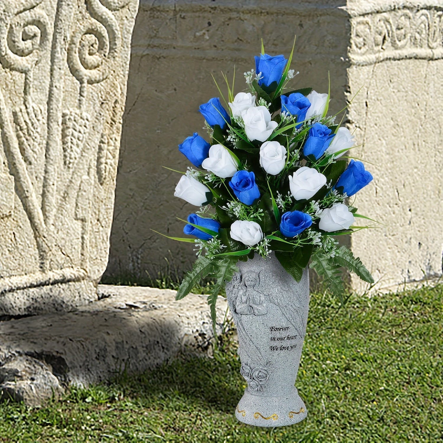 Angel Memorial Cemetery Vase with Ground Spikes for Flowers Engraved Forever in Our Heart