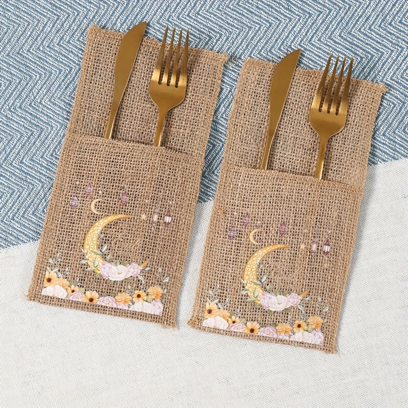 Juego de 5 bolsas de regalo de arpillera Eid Mubarak con linterna de luna y diseños de estrellas para suministros de fiesta de Ramadán