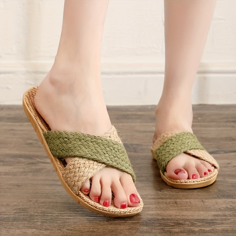 Women's Linen Slip-On House Slippers Non-Slip Indoor Outdoor Shoes Beige Brown Red