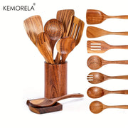 Set of 9 Teak Wood Kitchen Utensils with Utensil Holder and Spoon Rest