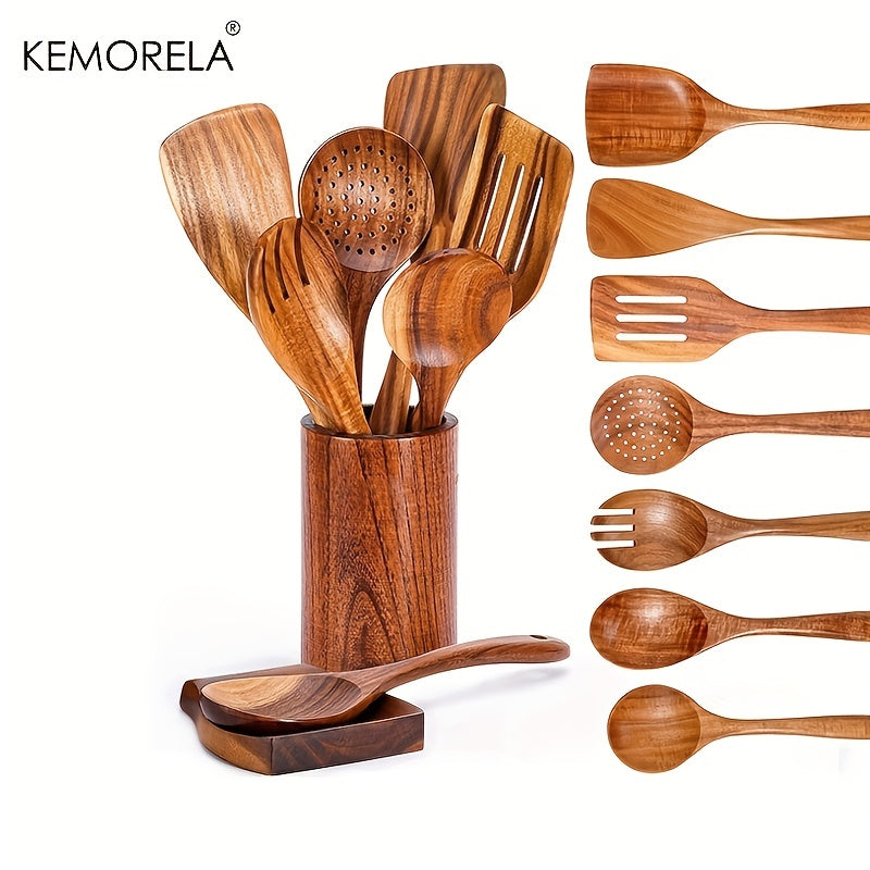 Set of 9 Teak Wood Kitchen Utensils with Utensil Holder and Spoon Rest