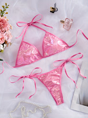 Women’s Metallic Halter Neck Lingerie Set with Backless Bra and Tie Side Thong