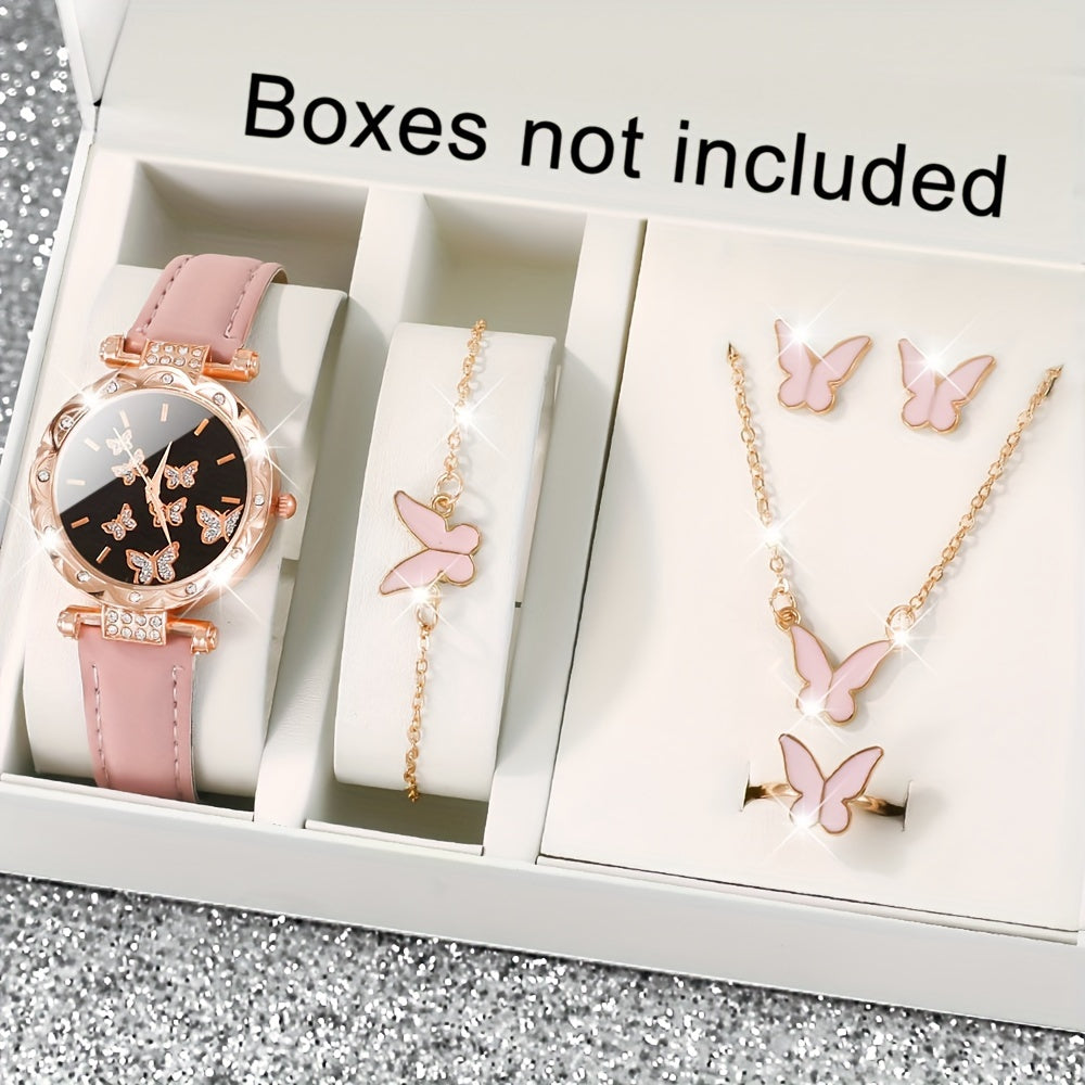 Women's Quartz Watch and Butterfly Jewelry Set with Round Dial and Faux Leather Strap