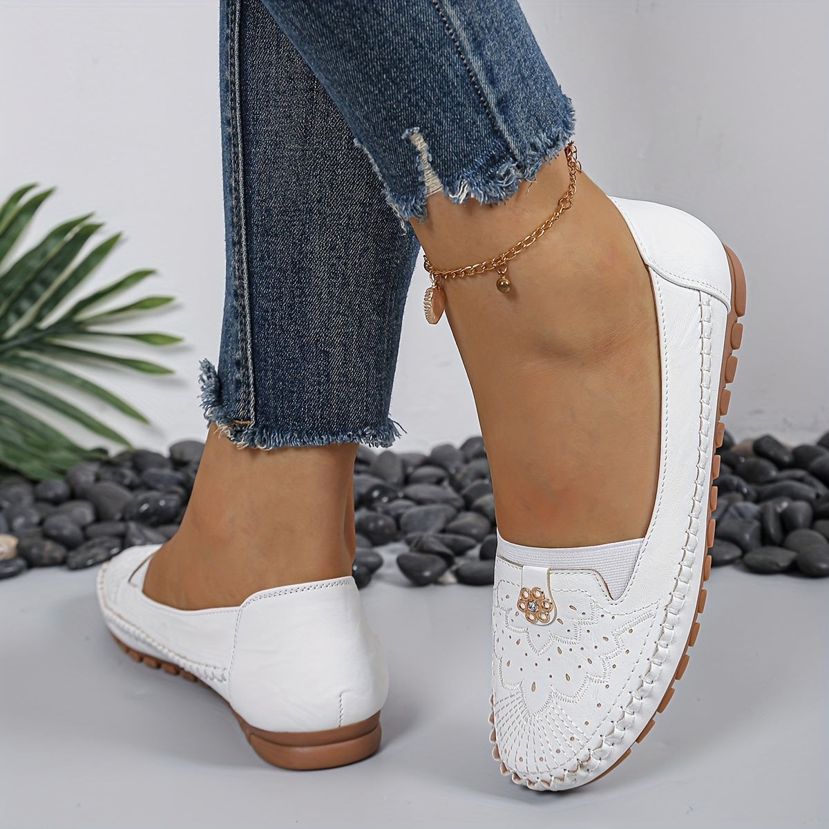 Women's White Embroidered Slip-On Loafers with Gold Accents