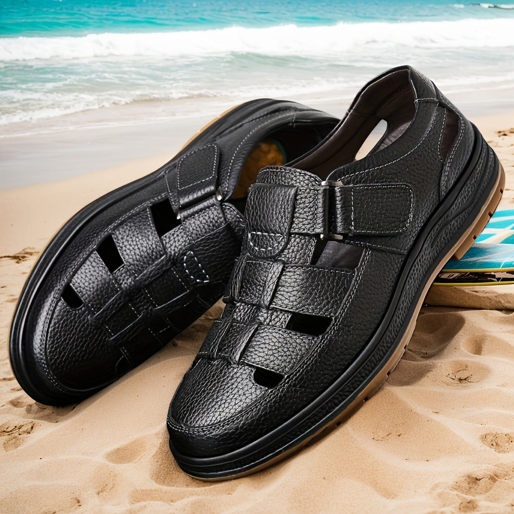 Men's Summer Casual Shoes Hollow-Out Cowhide Non-Slip Rubber Breathable Beach Sandals for Hiking Outdoor
