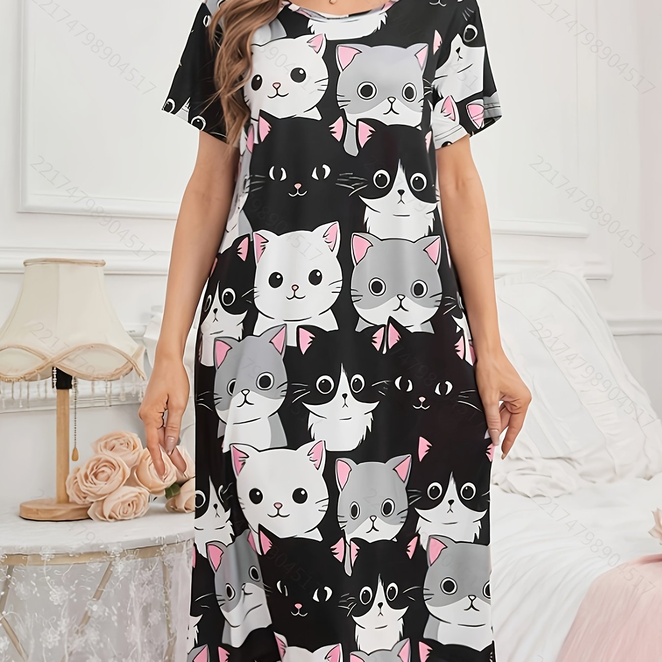 Women's Knee-Length Sleep Dress with Cute Cat Print Polyester Elastane All-Season