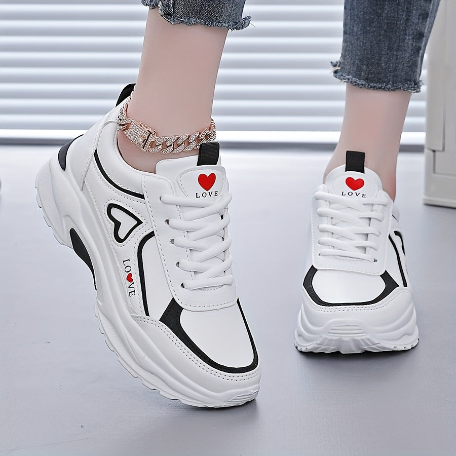 Women's White Sneakers with Black Accents Casual Running Shoes Thick Sole