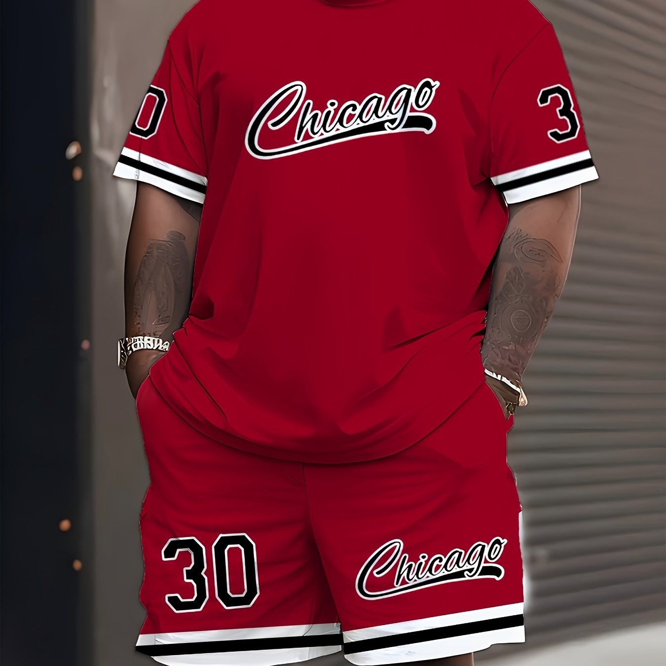 Men's Plus Size Casual Sports T-Shirt and Shorts Set with 3D Chicago Print
