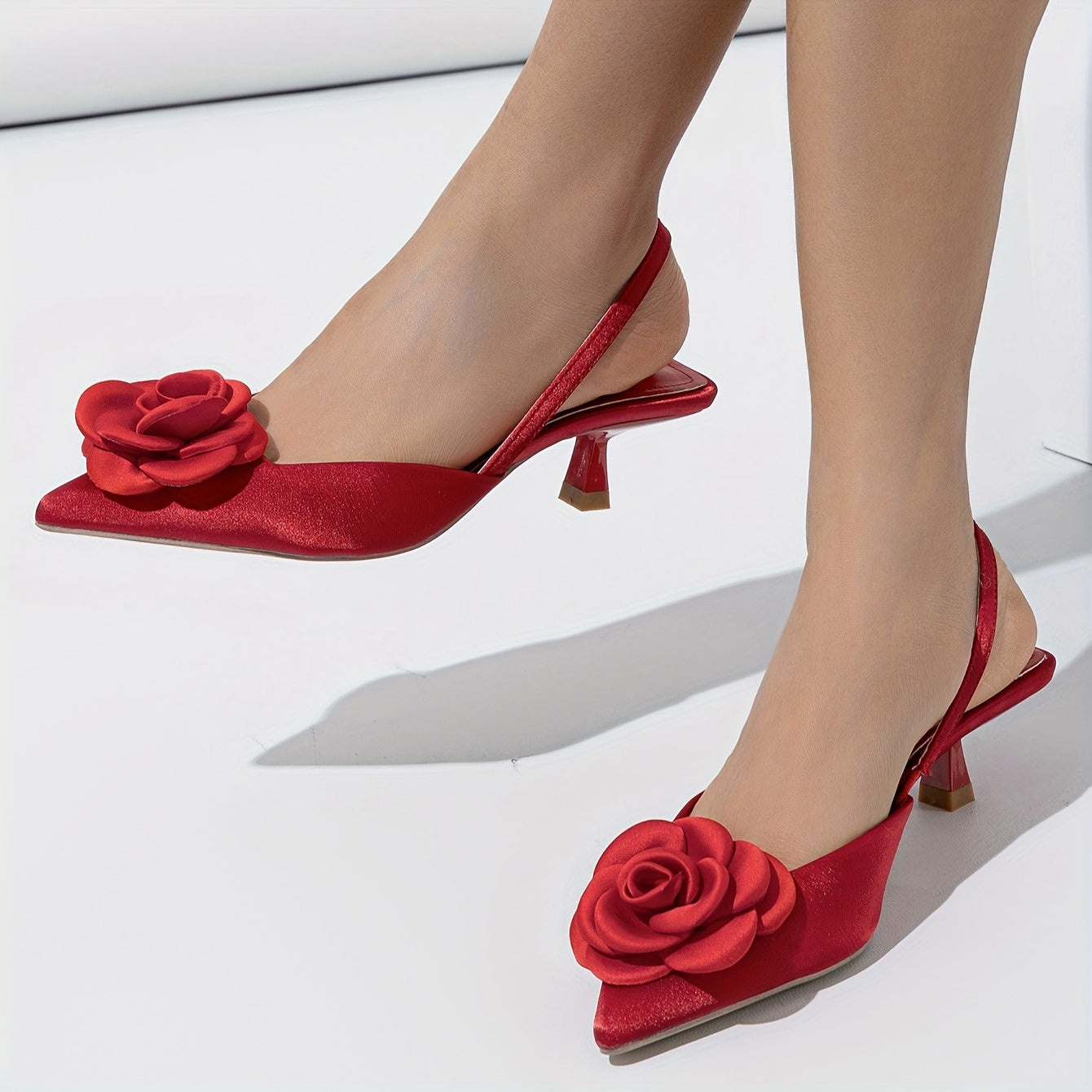 Red Pointed Toe High Heel Shoes with 3D Flowers for Night Weddings