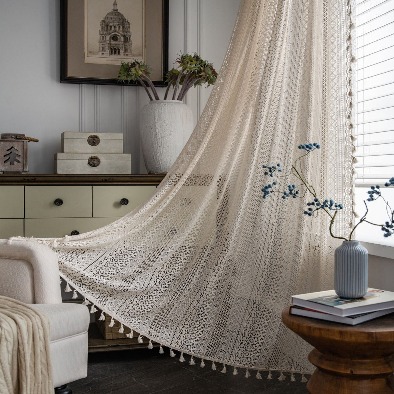 Beige Boho Curtains with Fringe and Gold Details UV Protection Rod Pocket for Living Room Kitchen