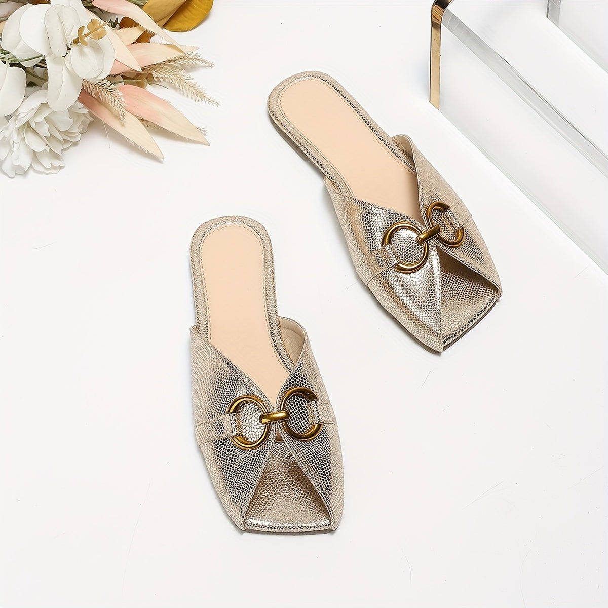 Women's Solid Color Lightweight Flat Metallic Buckle Slides for Summer Vacation