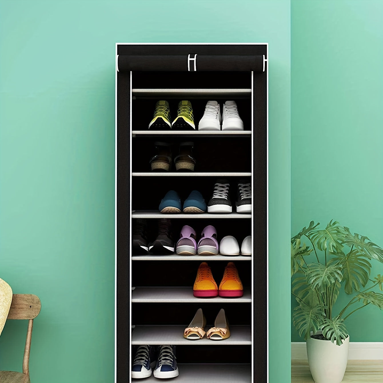 10-Qavatli poyabzal javoni, chang'ga qarshi dizayn, katta sig'im, oson yig'ish, yotoqxona va mehmonxona uchun