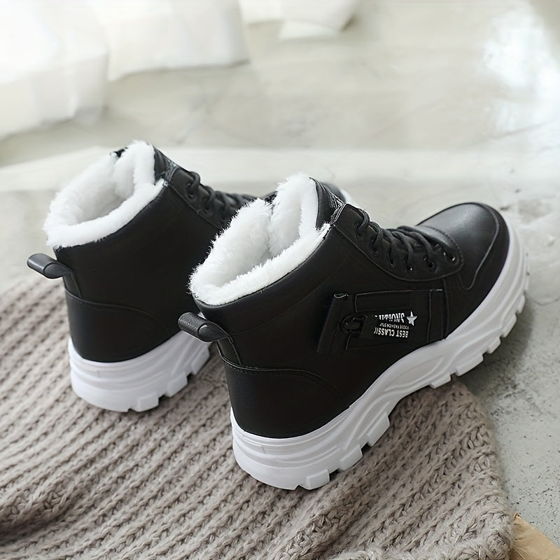 Botas altas de invierno para mujer con forro de piel sintética, impermeables y con cordones blancas