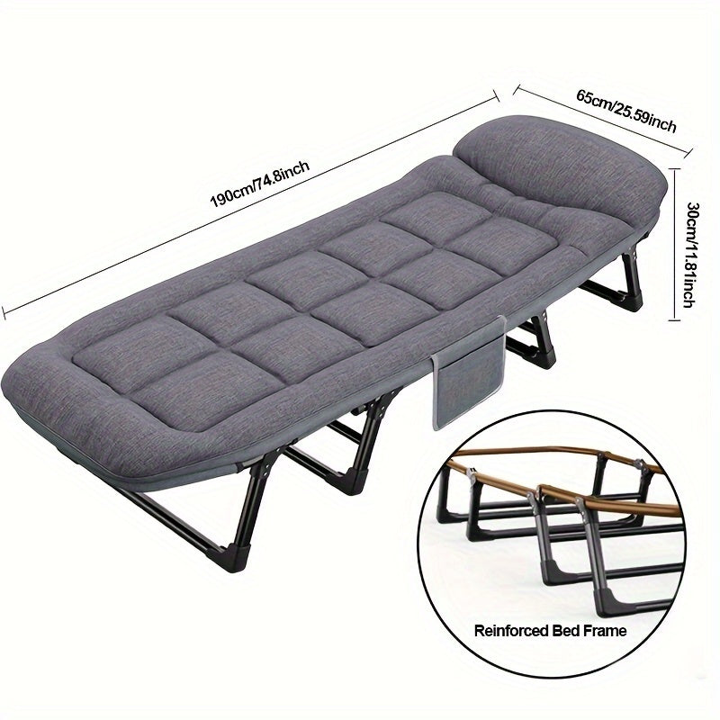 Yostiqli portativ egiluvchan lager karavoti, orqani yotqizuvchi stul, quyma temir ramka, paxta to'siqlari. O'rnatish talab qilinmaydi, uyda, ofisda, plyajda, bog'da yoki baliq ovlash sayohatlarida mukammal.