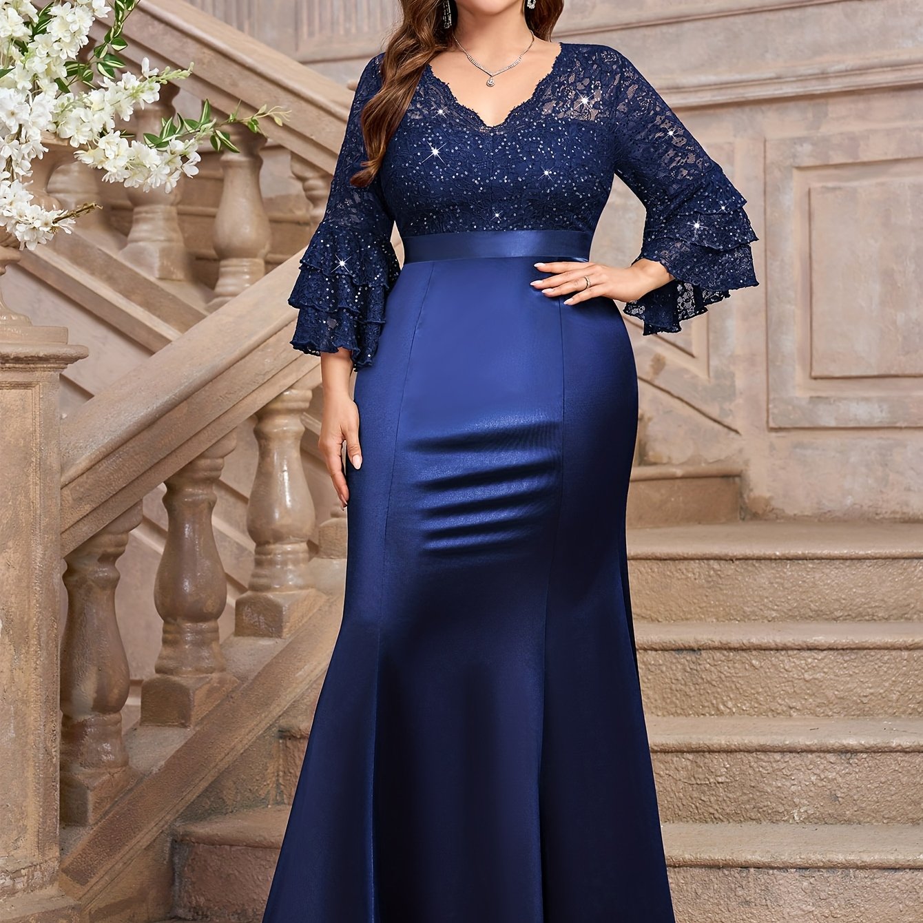 Plus Size V-Neck Sequin Lace Mermaid Dress for Weddings and Parties Navy Blue