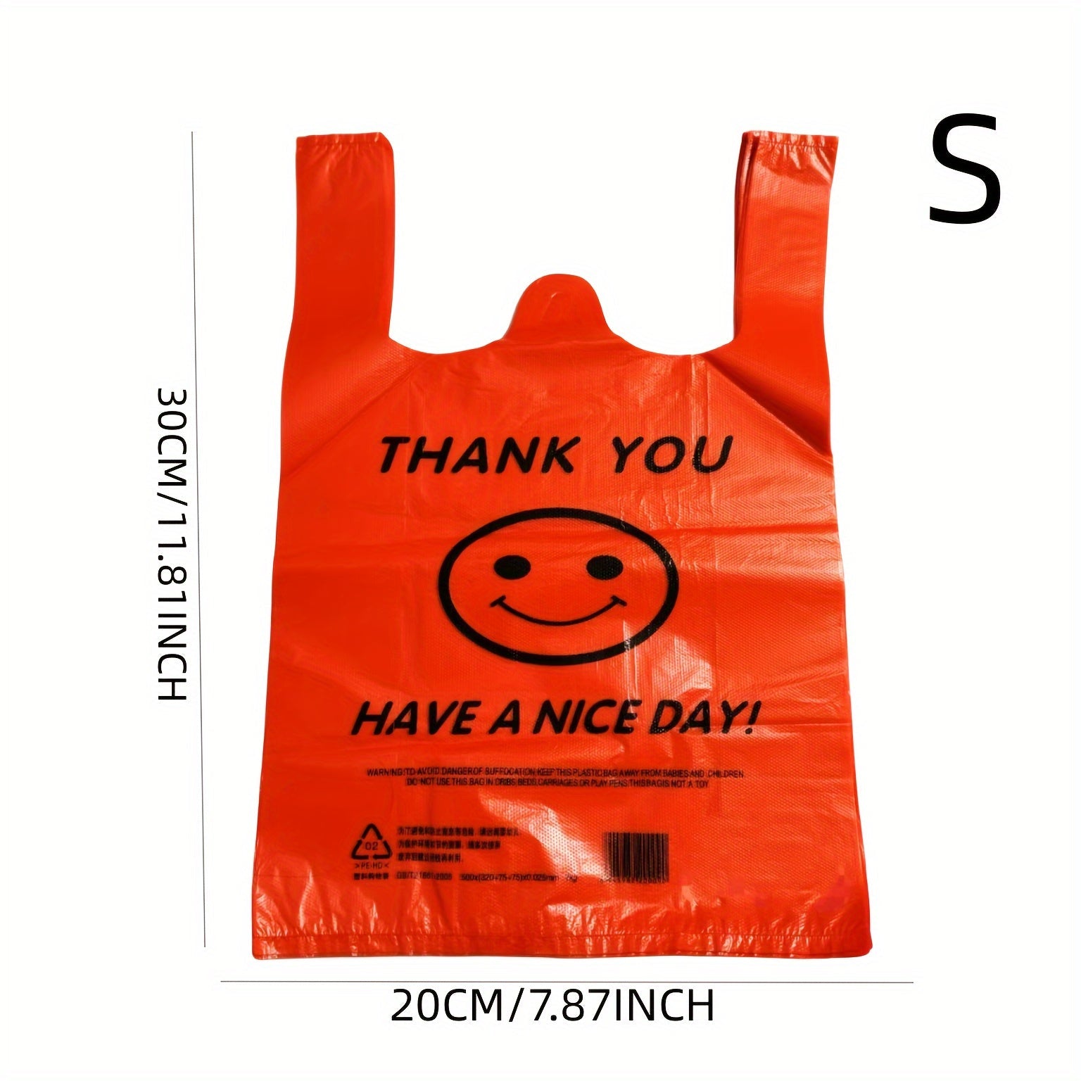 Pack of 50 Red Plastic T-Shirt Bags with Joyful Face Design, Reusable and Strong