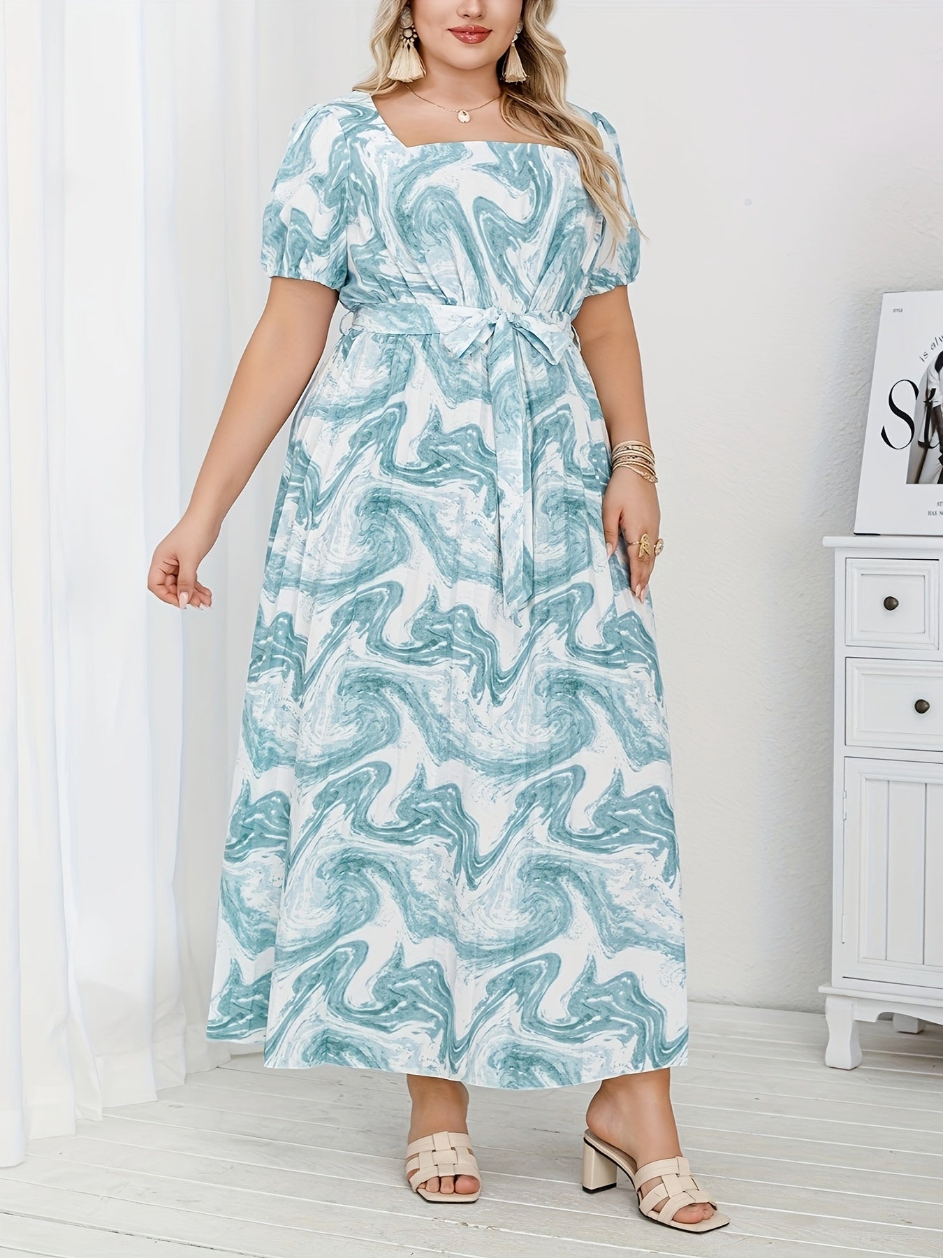Plus Size Women’s Elegant Pleated Printed Dress for Middle Eastern Style