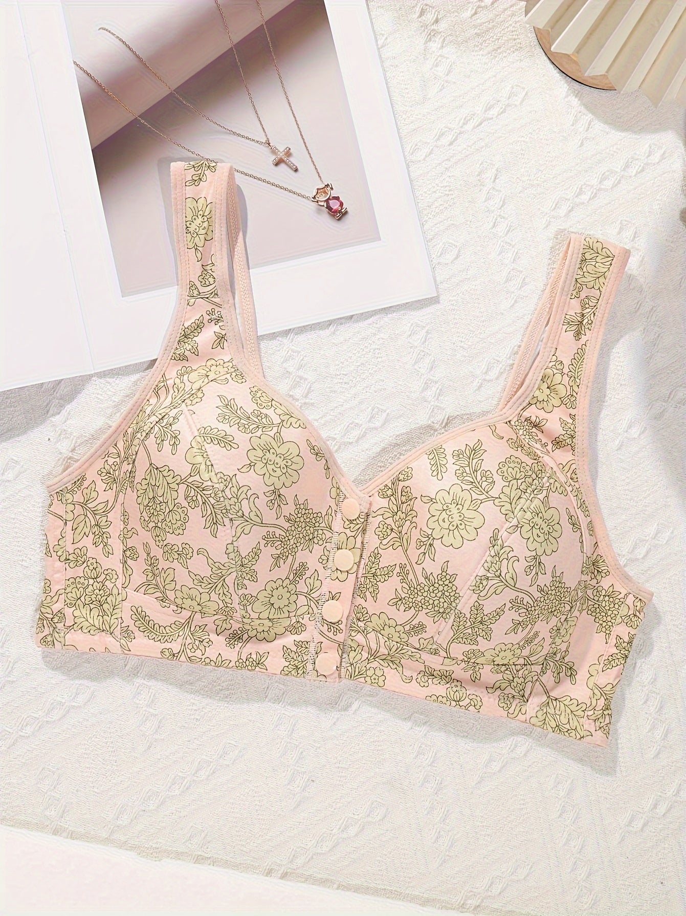 Sujetador inalámbrico de talla grande con cierre frontal y estampado floral, sin acolchado, tela de punto de poliéster