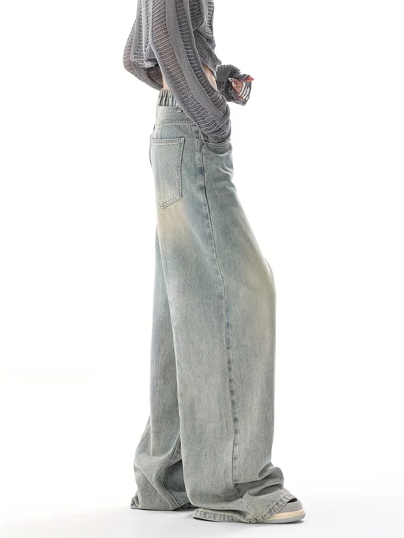 Teen Girls Wide Leg Denim Jeans Grey Vintage Wash Elastic Waist All-Season Casual