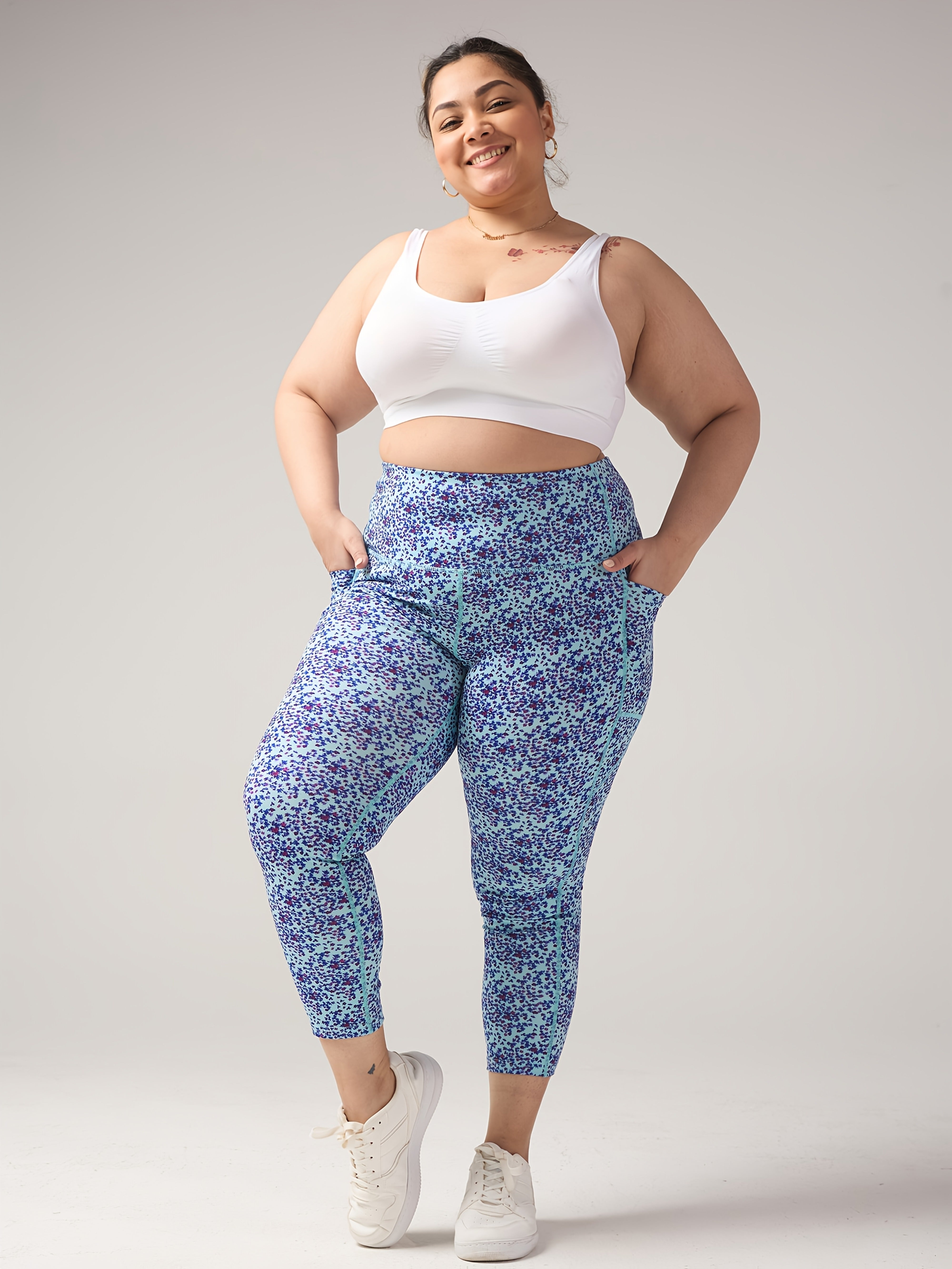 Plus-Size Floral Cropped Pants for Women High-Waisted Tummy Control