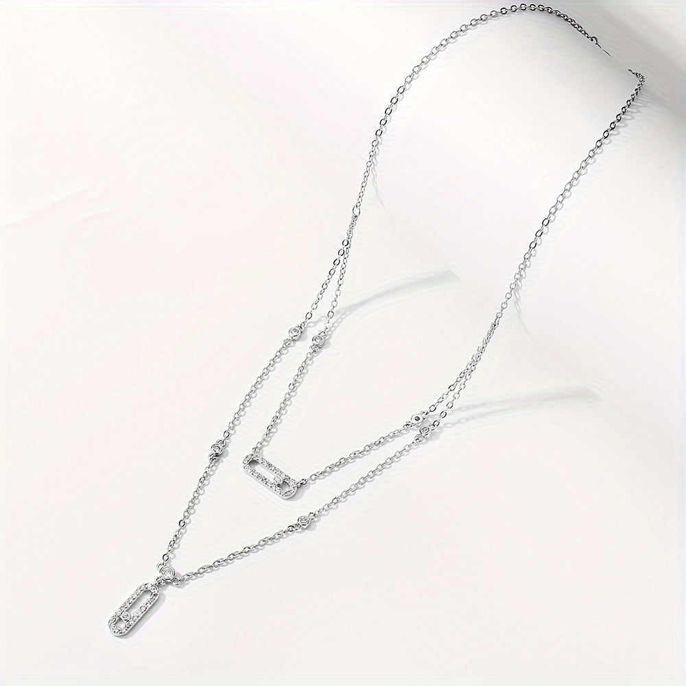 Women's Necklace with Double Paperclip Layers and Cubic Zirconia