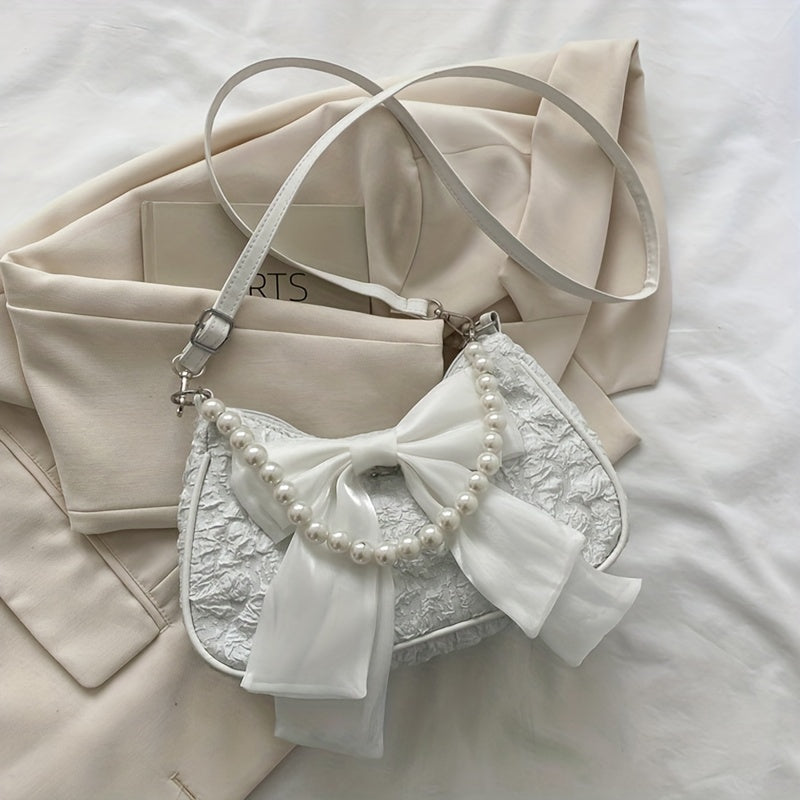 Black Crossbody Bag with Pearl Bow Zipper Closure Polyester Lining Vintage Style