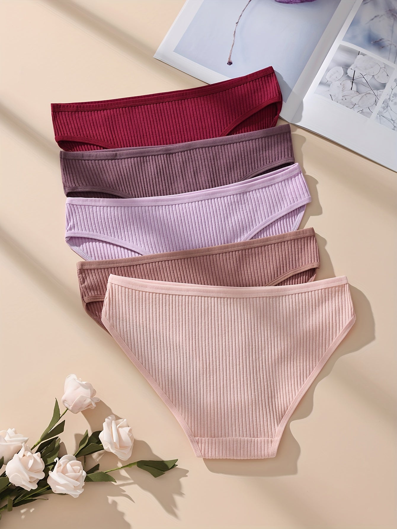 Women's Purple Ribbed Triangle Panties 5-Pack Cotton Comfortable Lingerie