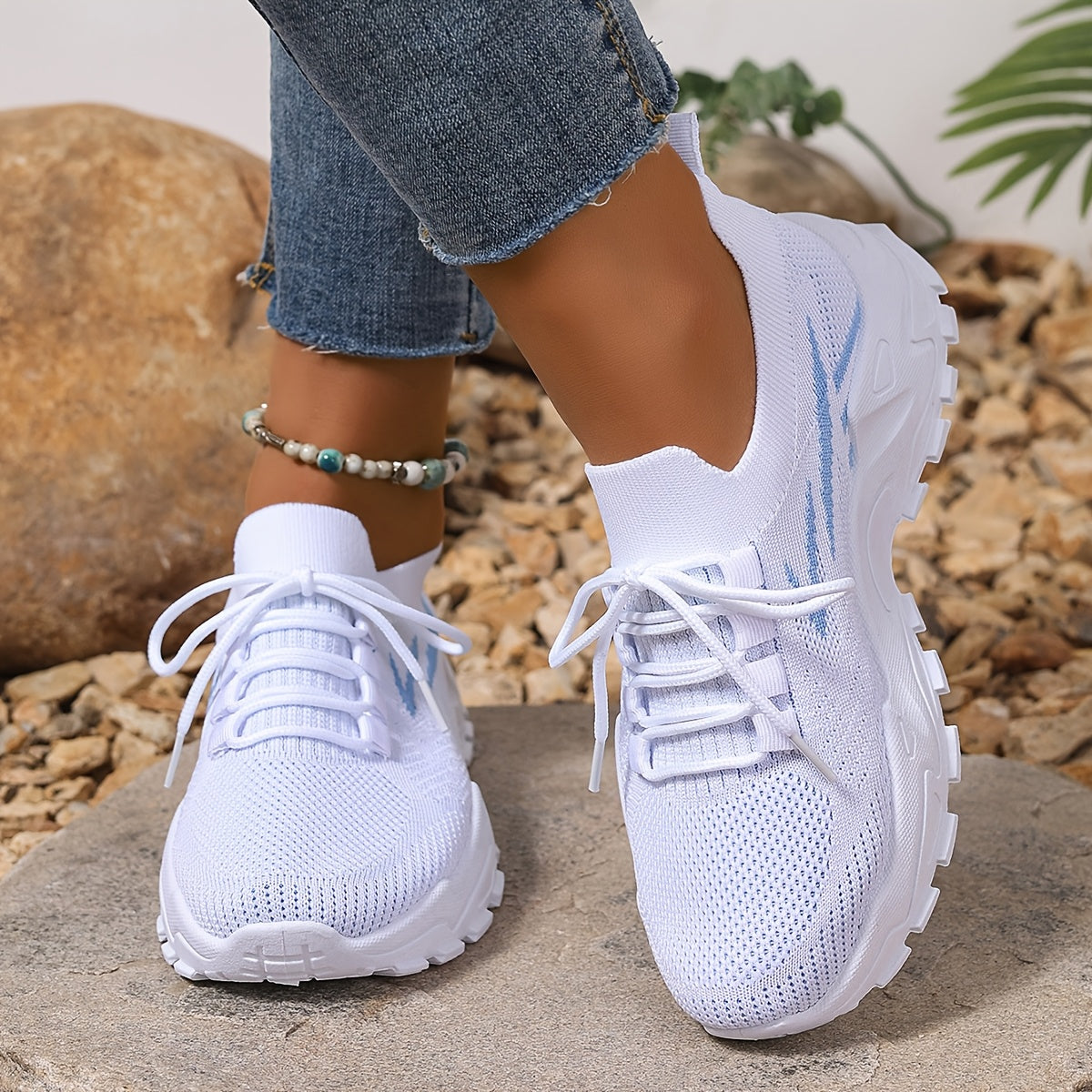 Women's Mesh Sneakers Breathable Lace-Up Running Shoes Lightweight Casual Blue White