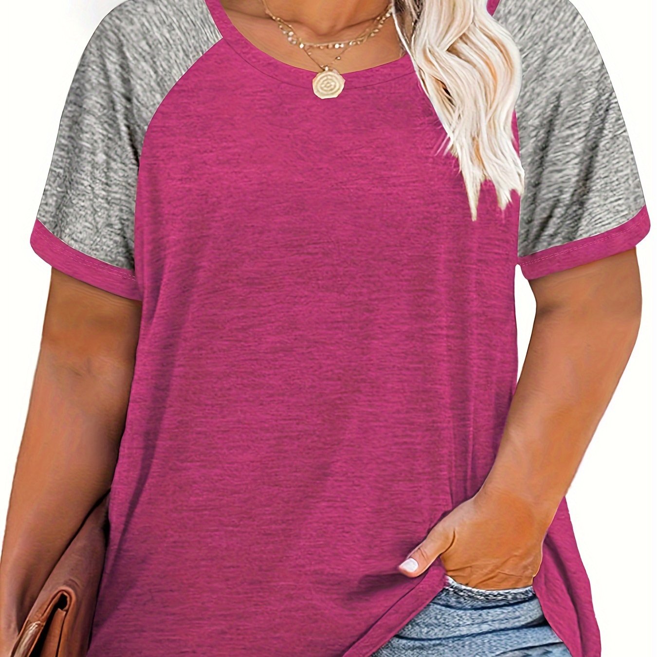 Plus Size Women's Summer Casual Raglan Color Block T-Shirt Soft Breathable Tee