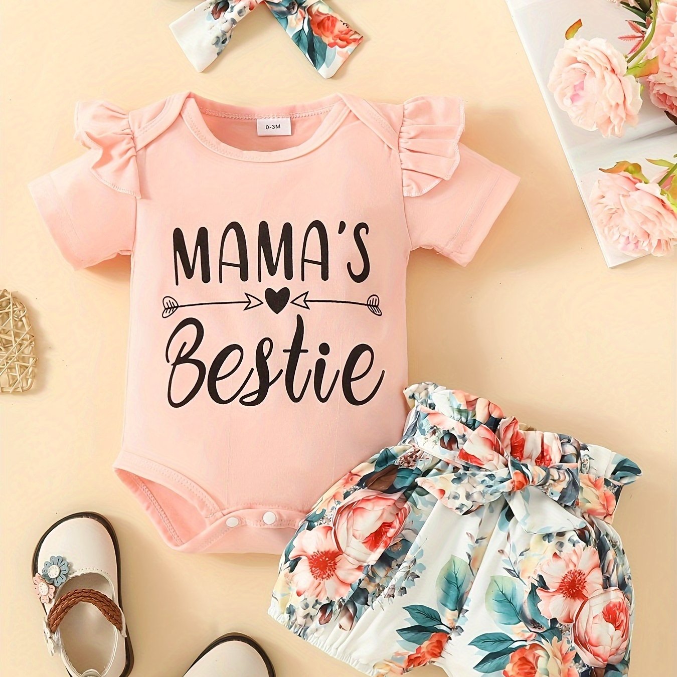 Newborn Girls Summer 3-Piece Clothing Set Letter Top Printed Pants Headband