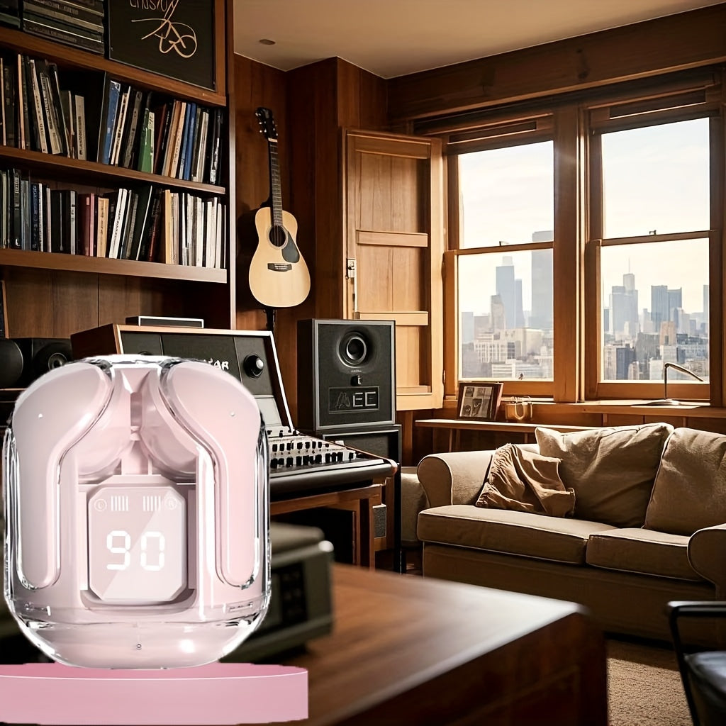 Simsiz quloq ichidagi naushniklar, shaffof dizayn, LED quvvat ko'rsatgichi, yuqori aniqlikdagi ovoz, uzoq muddatli batareya hayoti va qulay moslashuv. Transportda, sportda va har qanday holatlarda ideal. Mukammal.