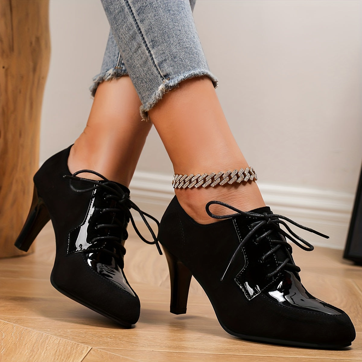 Women's Pointed-Toe High Heel Ankle Boots Synthetic Lace-Up Chunky Heel Non-Slip Rope Sole