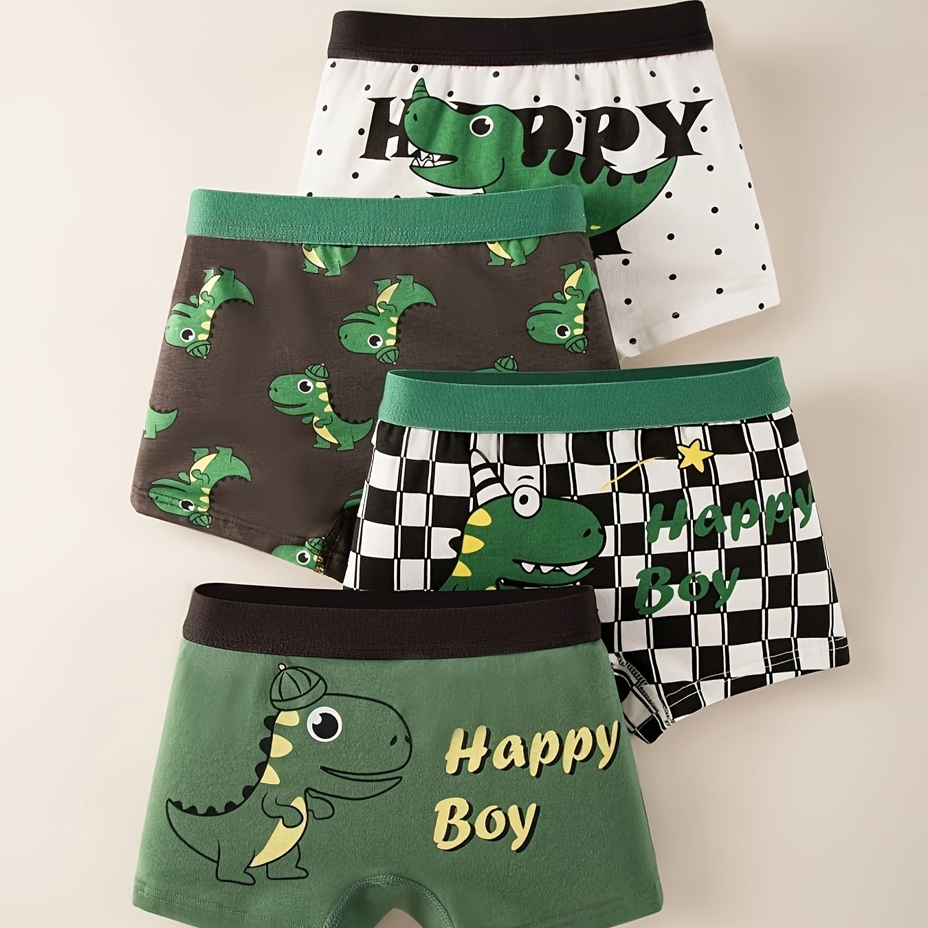 Children's Cotton Boxer Briefs 4-Pack Dinosaur Print Breathable All-Season