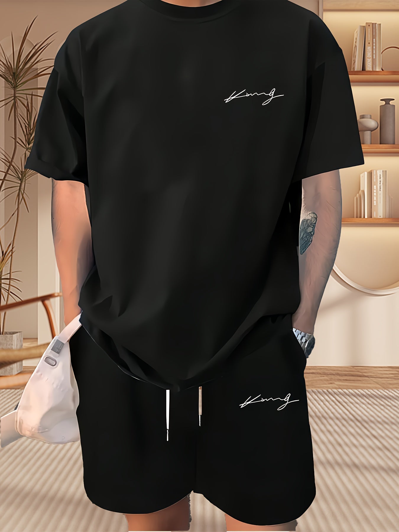 Men's Casual Two-Piece Set Short-Sleeve T-Shirt and Drawstring Shorts for Spring Summer Sports