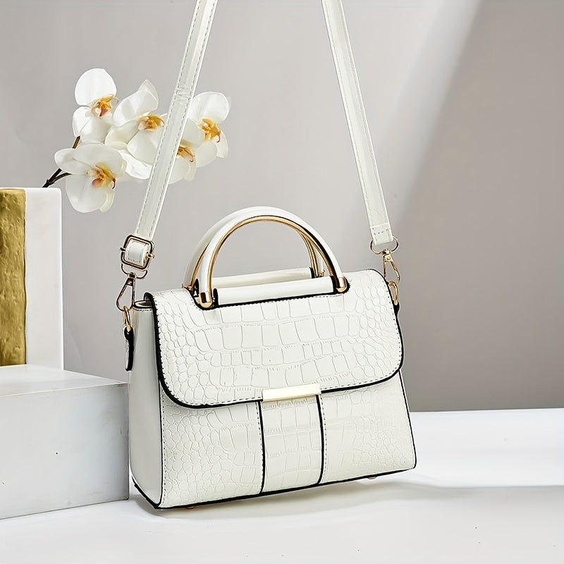 Стильная черная сумка через плечо с крокодиловым узором для женщин с магнитным замком и простым однотонным дизайном.