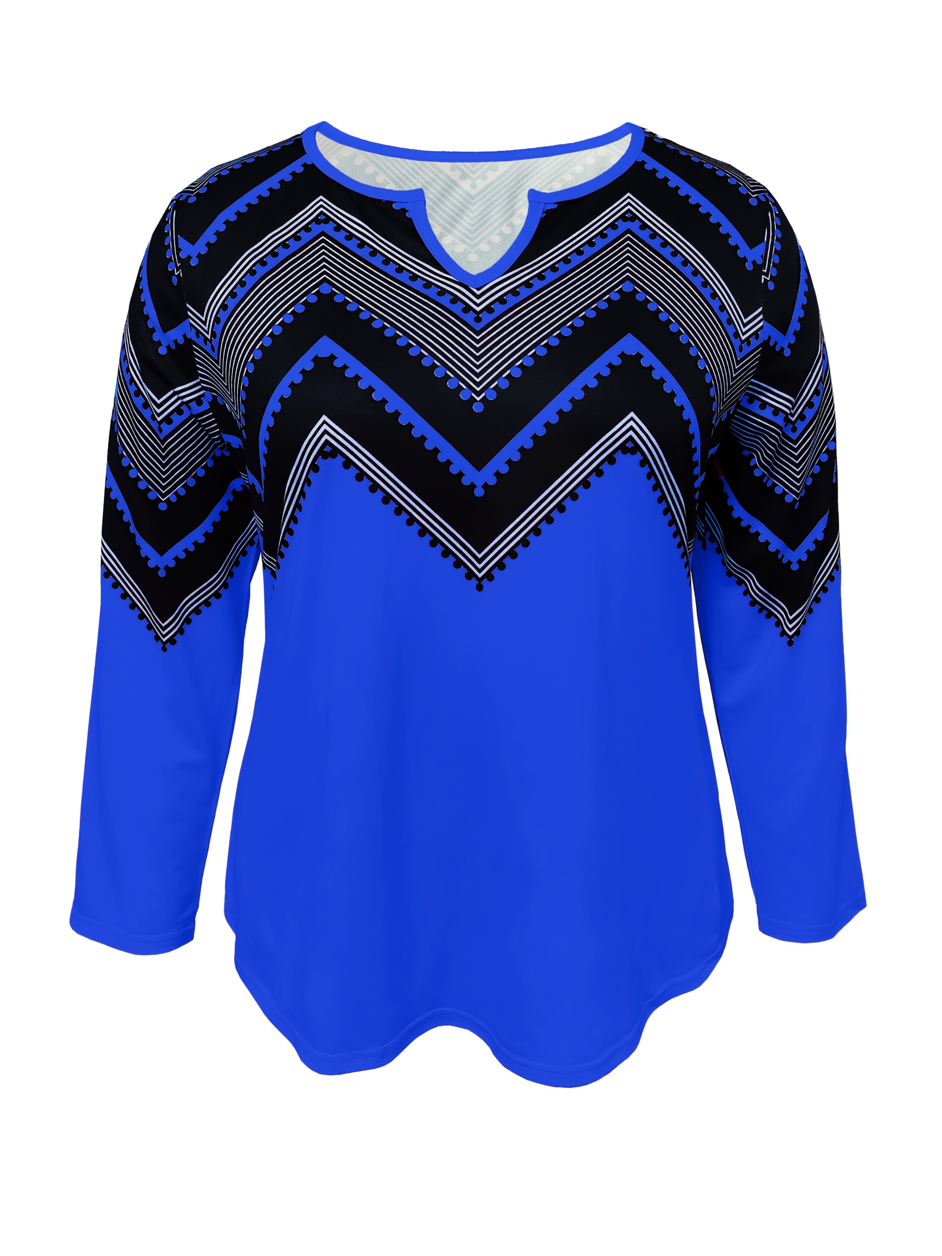 Women's Plus Size Wavy Print Notch Neck Long Sleeve T-Shirt