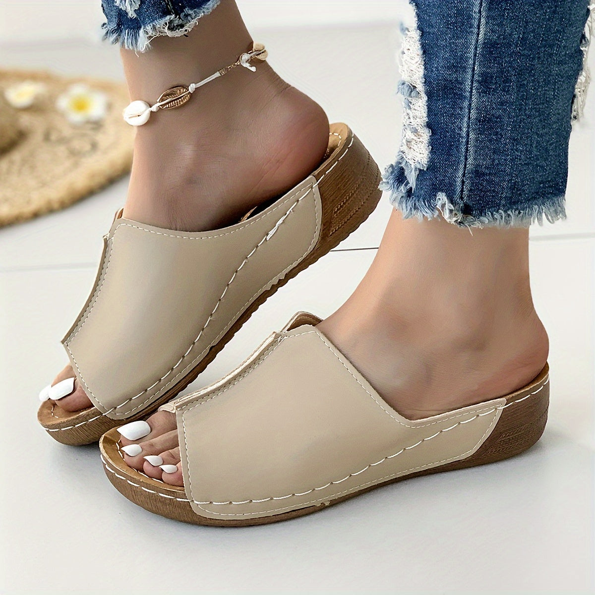 Women's Faux Cover Slip-On Sandals Mid-Heel Round Toe Casual All-Season