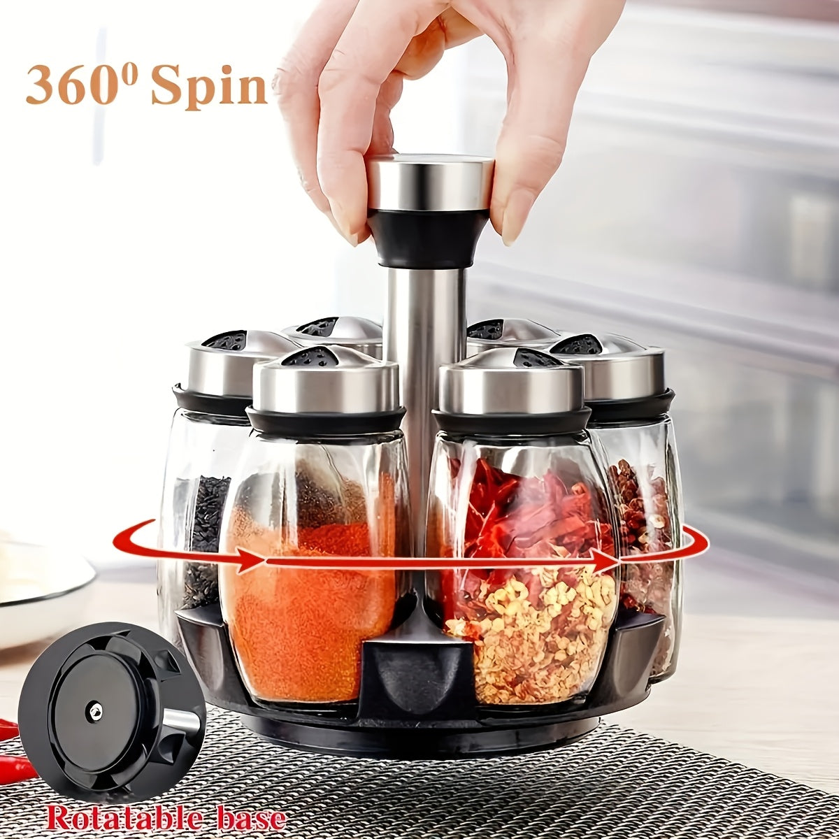 7-Piece Stainless Steel Glass Spice Shaker Set with Salt Pepper Sugar Rotating Base