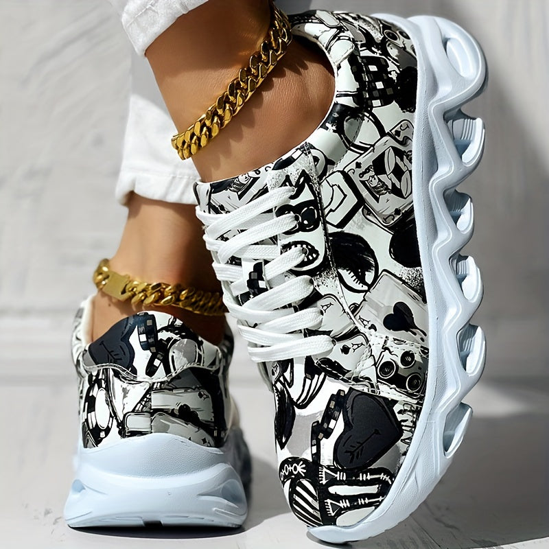Women's Canvas Sneakers Casual Low Top Outdoor Shoes with Graffiti Pattern