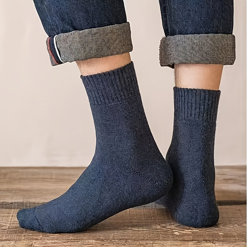 Men's Thickened Warm Mid-Calf Socks Set of 3 Solid Colors for Autumn Winter