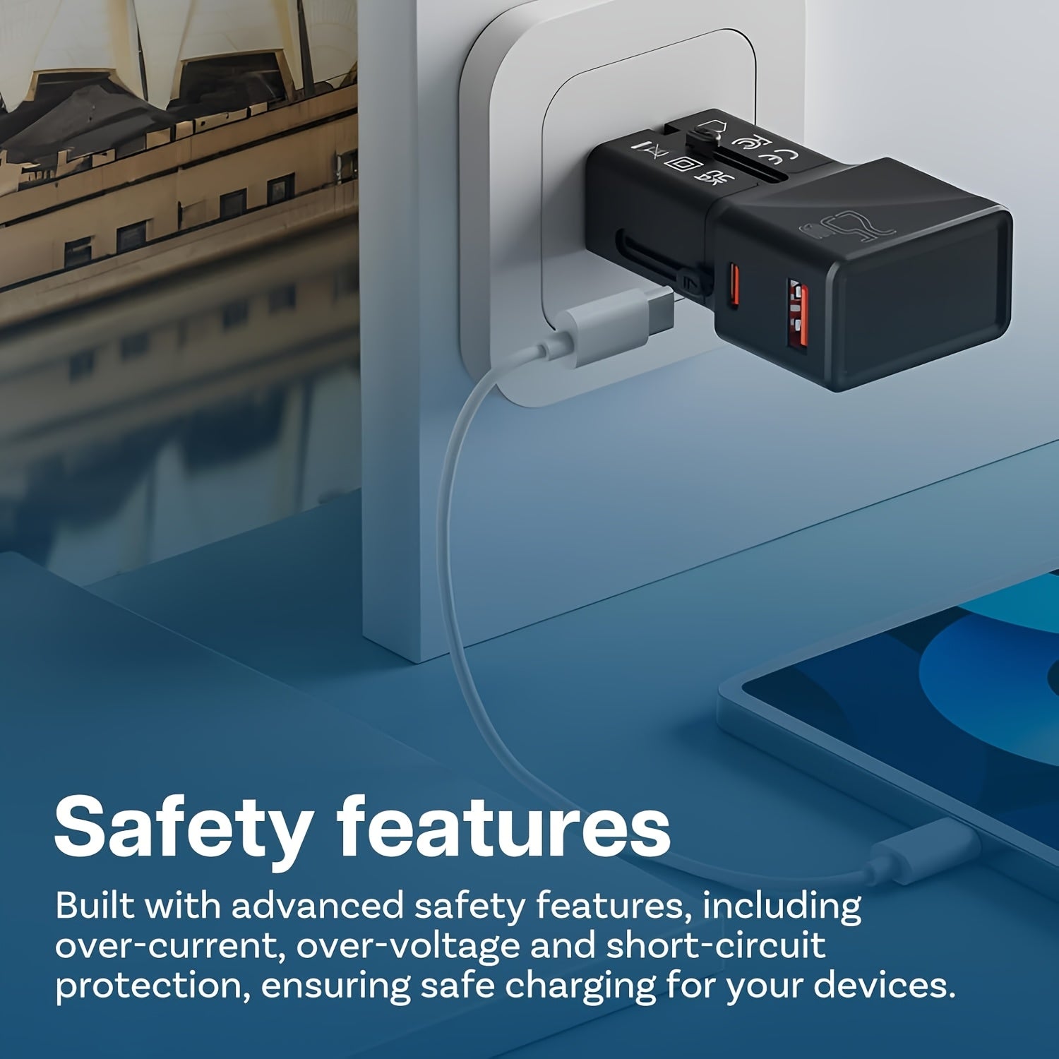 25W xalqaro sayohat uchun quvvat adapteri, USB-C va USB-A portlari bilan, AQSh, Buyuk Britaniya, Yevropa Ittifoqi, Avstraliya va Yaponiyaga mo‘ljallangan