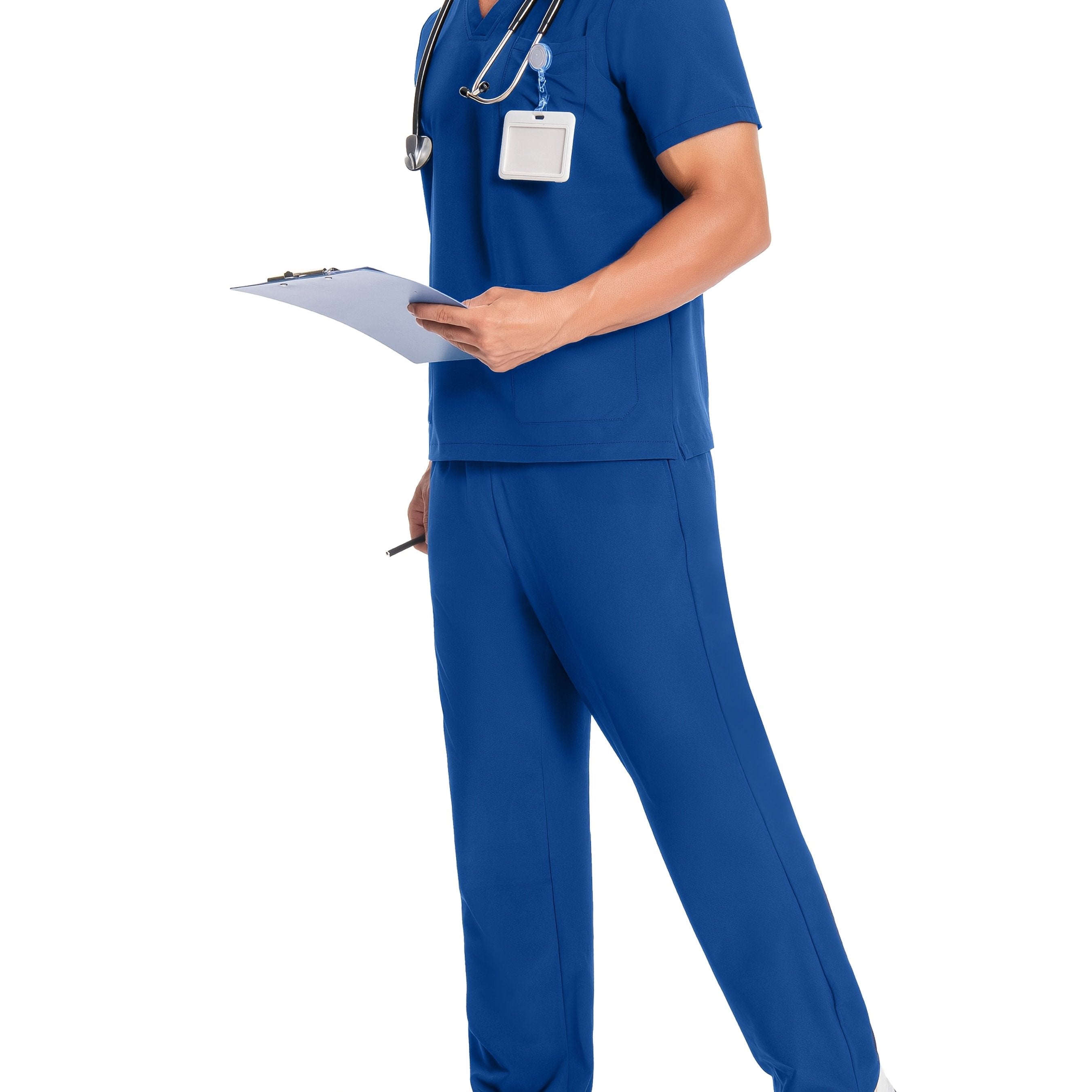 Men's Breathable Polyester Workwear Set V-Neck Top and Pants with Pockets for Pet Grooming and Lab Coats