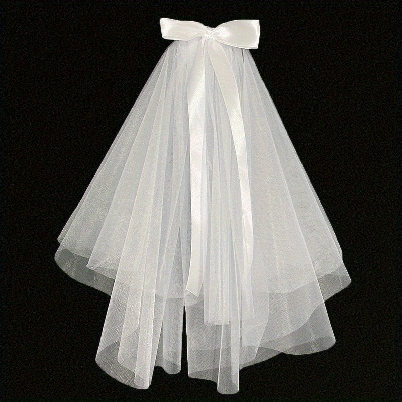 Velo de novia con 2 niveles, lazo de raso con perlas falsas, peineta para novia, borde rizado