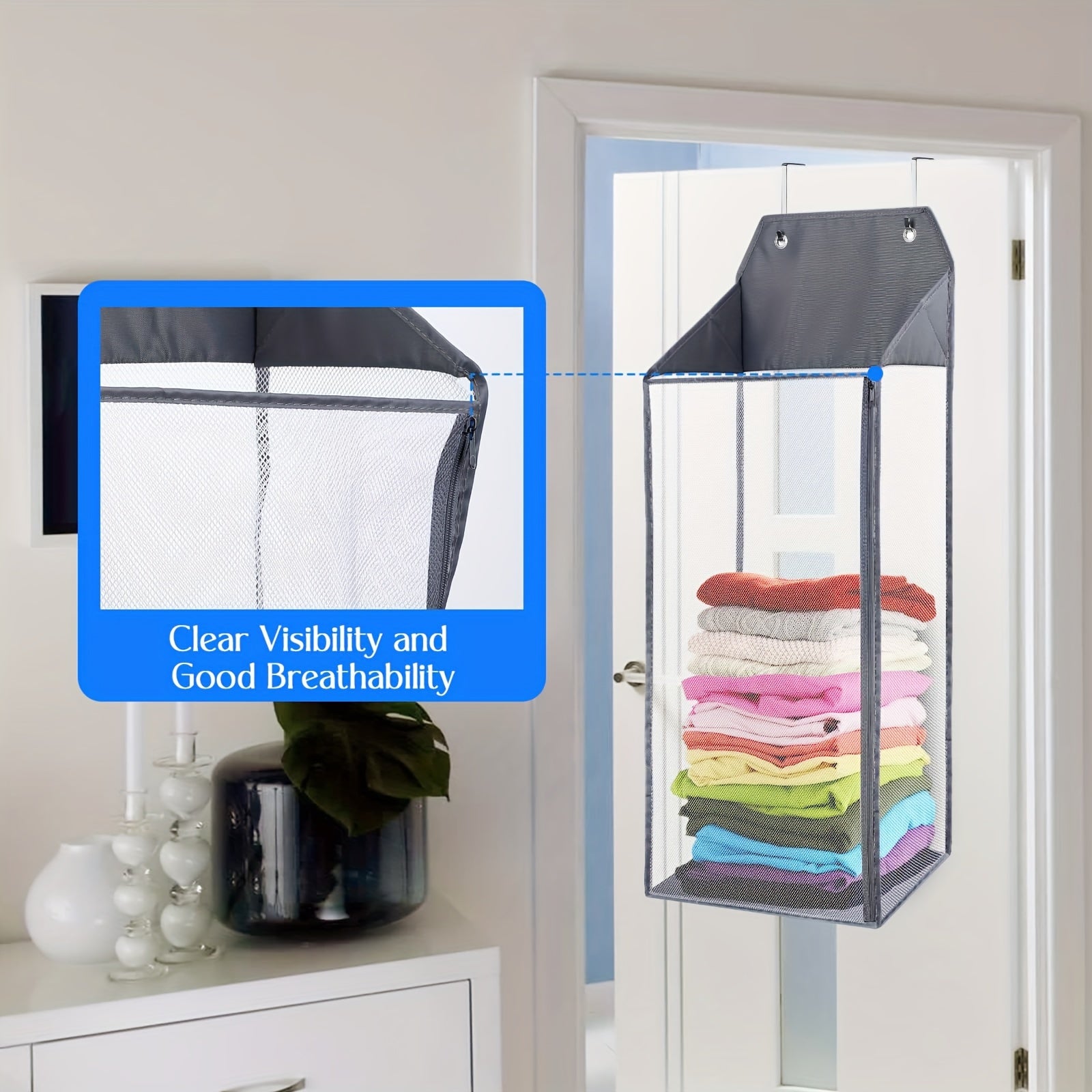 Foldable Hanging Laundry Hamper with Hooks Zipper Mesh for Bathroom Dorm Small Spaces