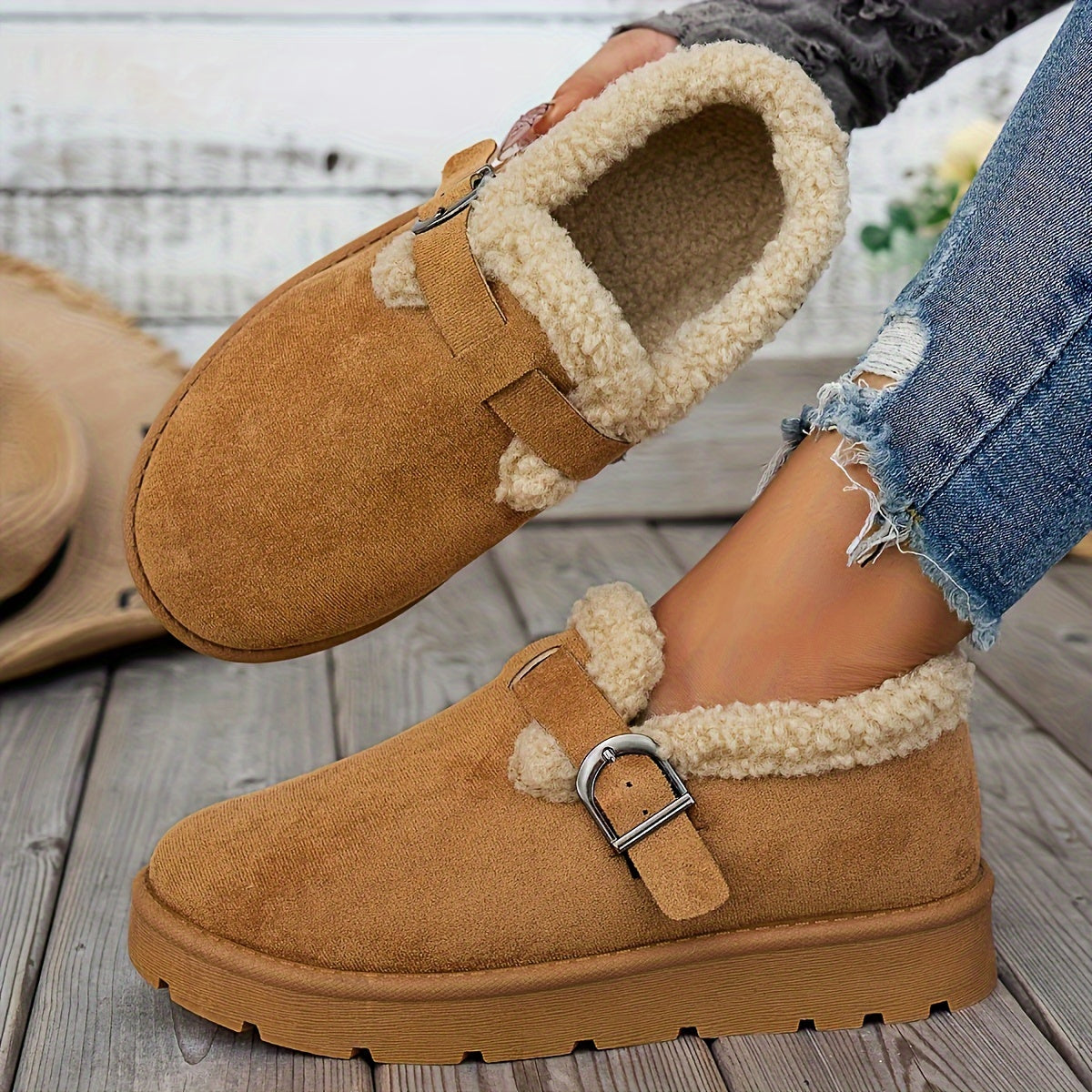 Women's Fleece-Lined Ankle Boots Casual Solid Color Mid Heel Platform Shoes