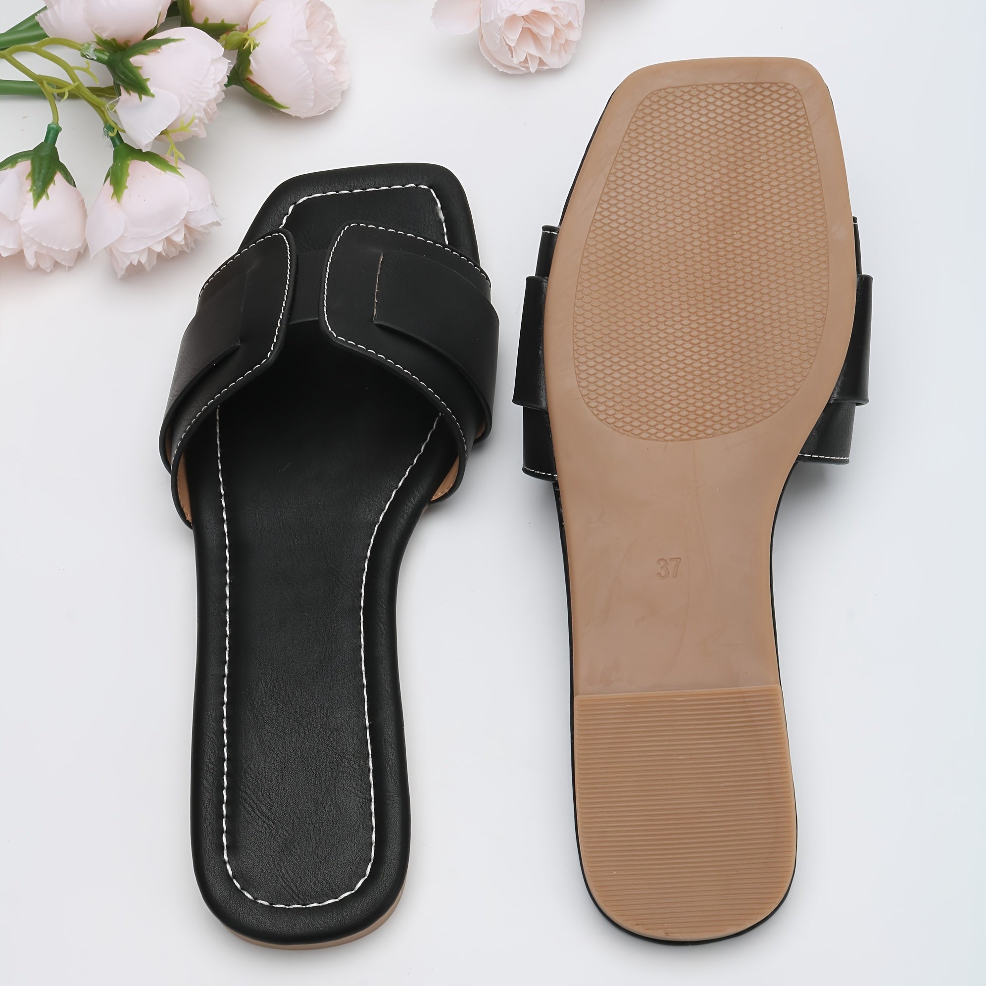 Women's Beige Flat Open Toe Sandals Slip-On Buckle Strappy Casual