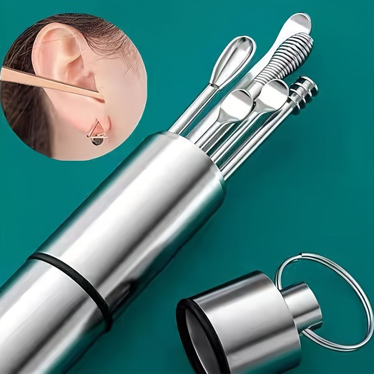 Stainless Steel Ear Cleaning Kit with Rotating Stick and Storage Bag for Home Travel